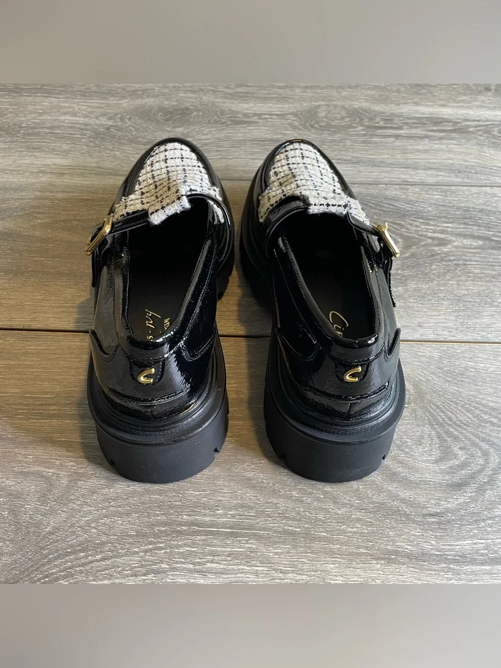 Circus NY Sam Edelman Black Patent Tweed Lug Sole T-Strap Loafers Women Sz 9.5